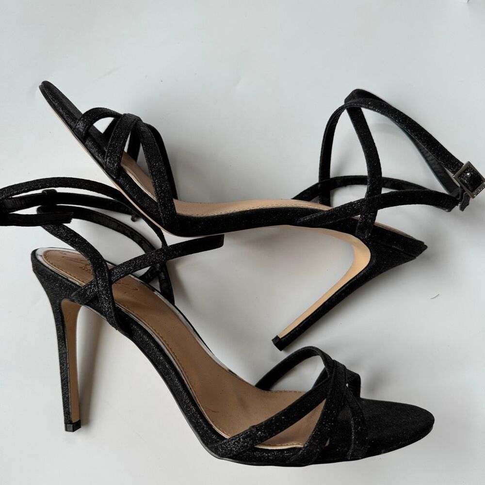 Badgley Mischka Open Toe Black Metallic Stiletto Party Strappy 4.5” Heel Size 10 - Picture 4 of 11